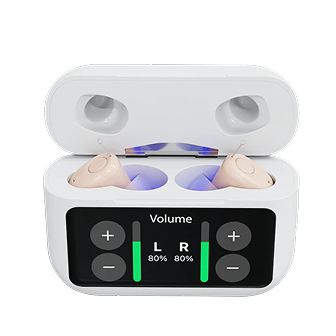 White wireless earbuds with charging case and volume control display on a white background