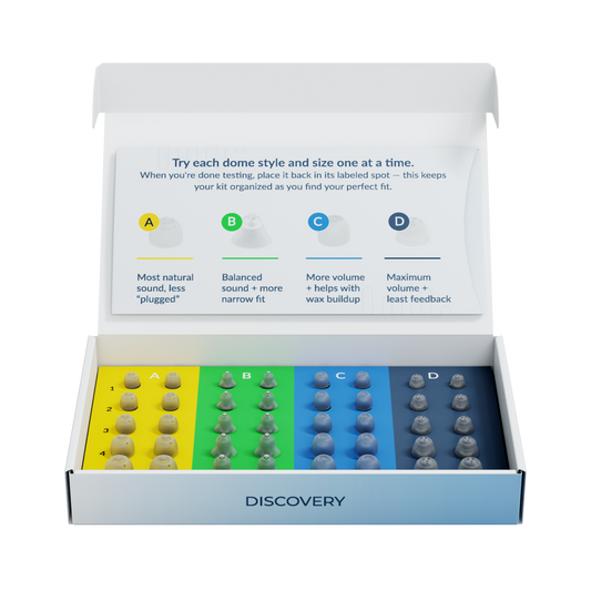 A boxed audio equipment kit labeled DISCOVERY, shown open on a white background. The kit contains four rows of dome-shaped earplugs in yellow, green, blue, and navy, with a printed insert explaining how to organize the items by style and size.